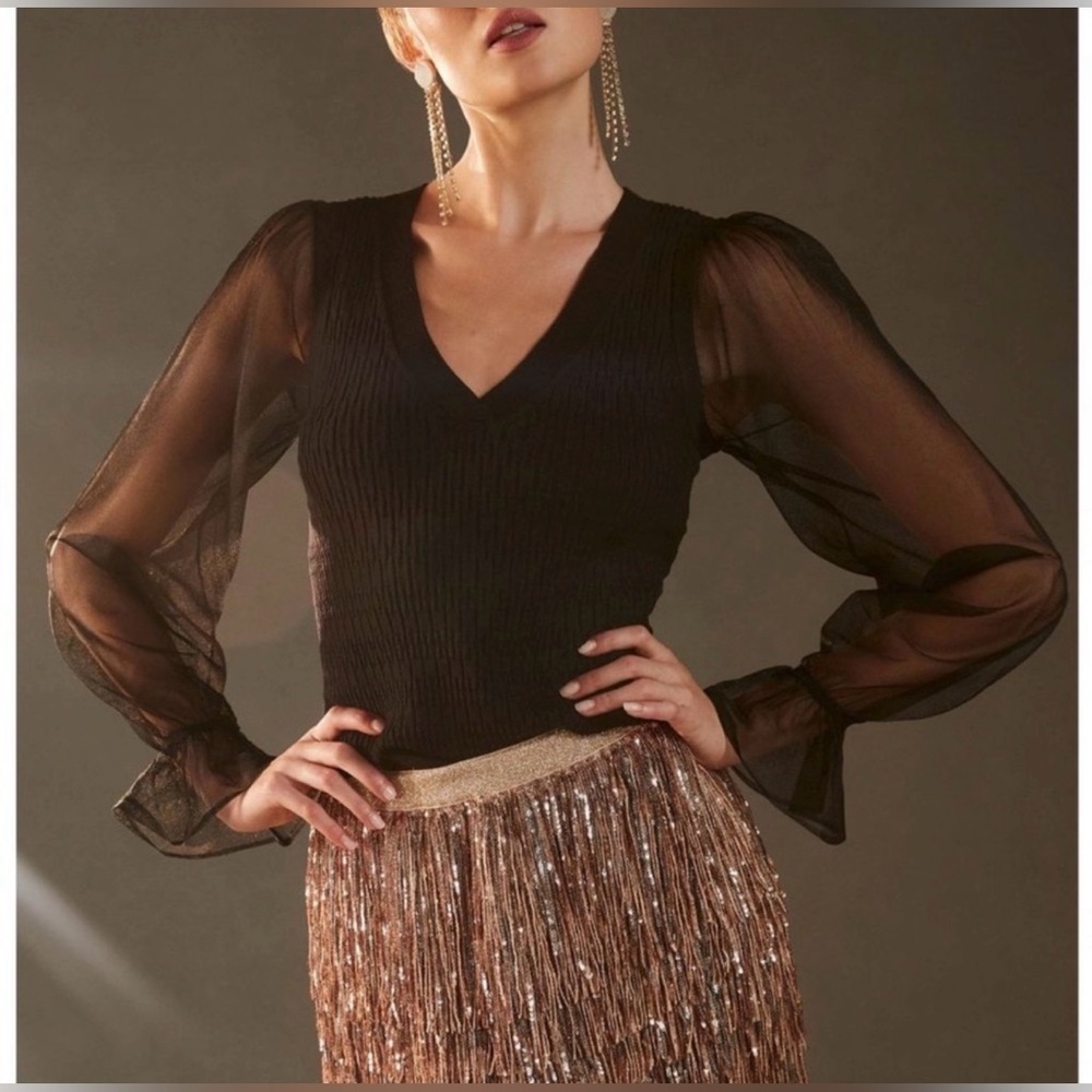 Maeve by Anthropologie Black Sheer Sleeve Sweater